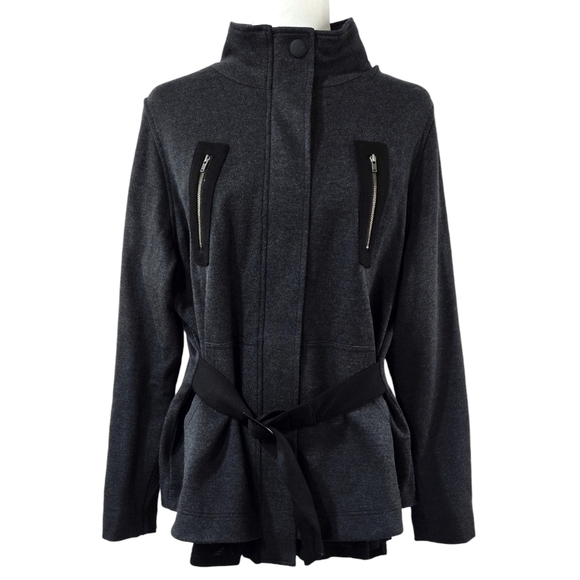 Cabi 3184 Love Carol Modern Mesh Gray Ponte Self Tie Zip Jacket Layered Look - Picture 1 of 9